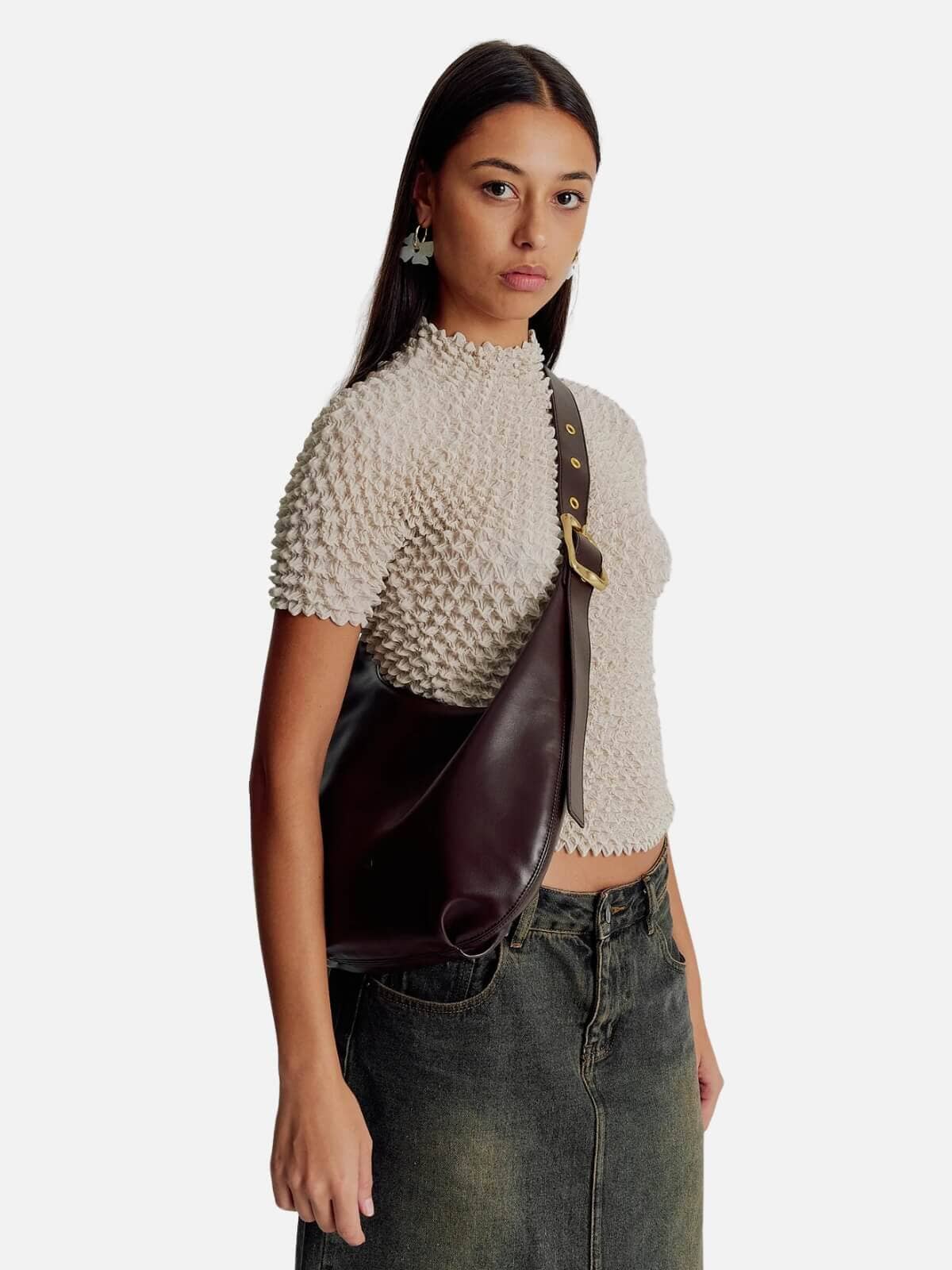 Large Everyday Croissant Buckle Bag - Chocolate Recycled PU - Image 2