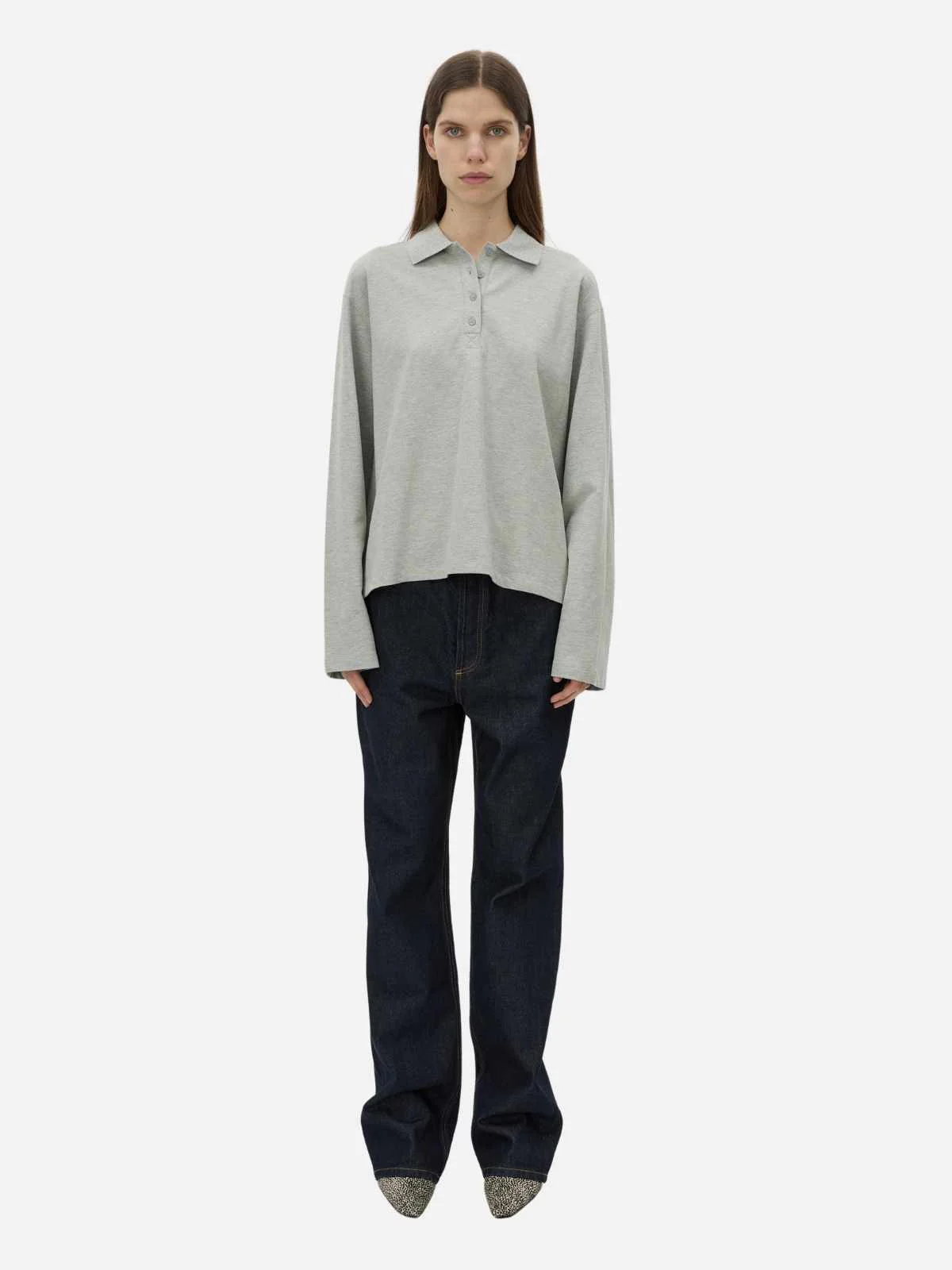 Moreno Long Slv Polo Top - Grey Marle