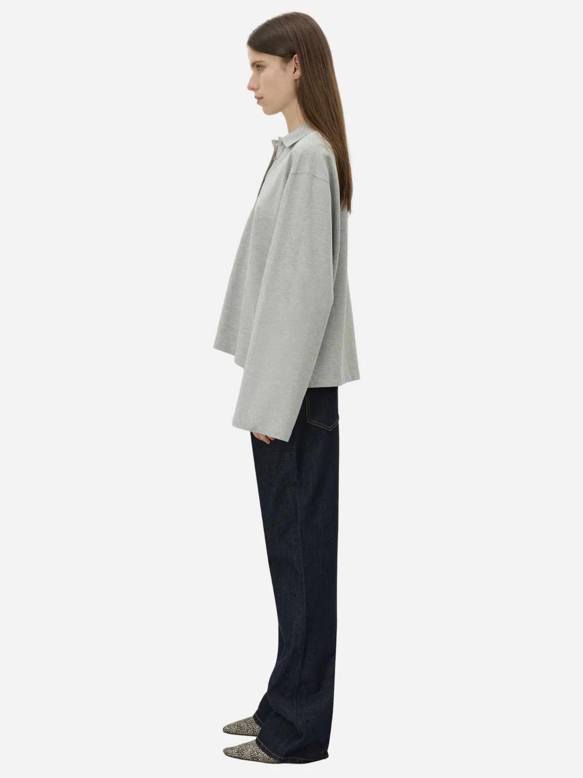 Moreno Long Slv Polo Top - Grey Marle - Image 3