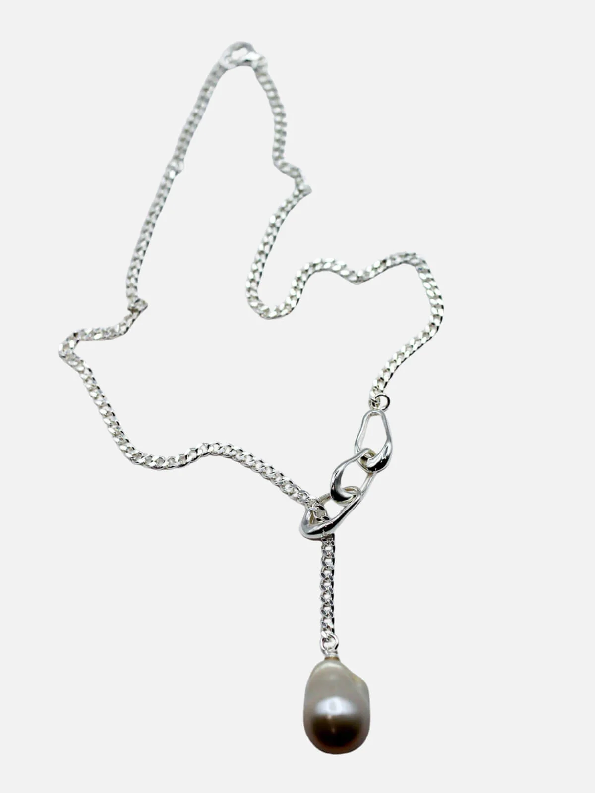 Linked Pearl Lariat Necklace: Sterling Silver + Freshwater Pearl