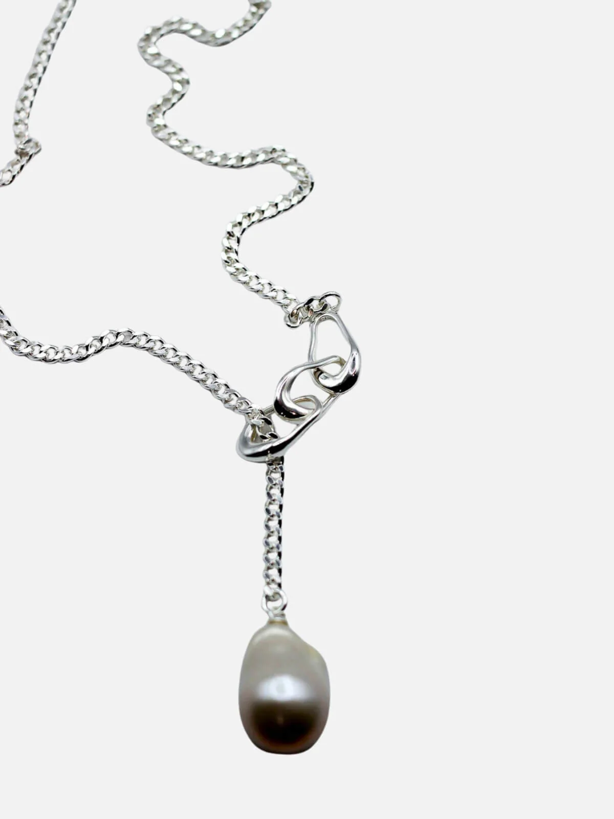 Linked Pearl Lariat Necklace: Sterling Silver + Freshwater Pearl - Image 2