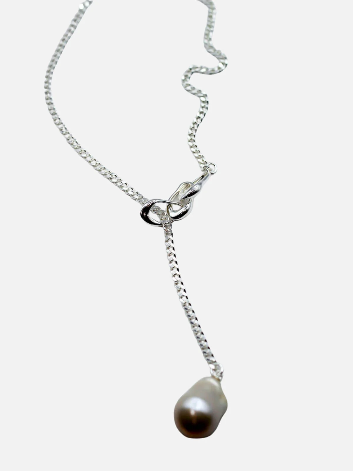 Linked Pearl Lariat Necklace: Sterling Silver + Freshwater Pearl - Image 3