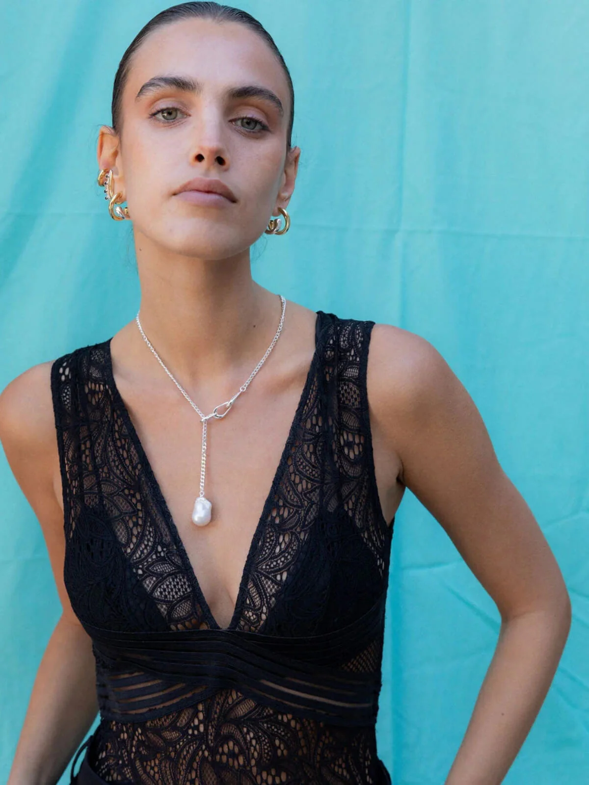 Linked Pearl Lariat Necklace: Sterling Silver + Freshwater Pearl - Image 5