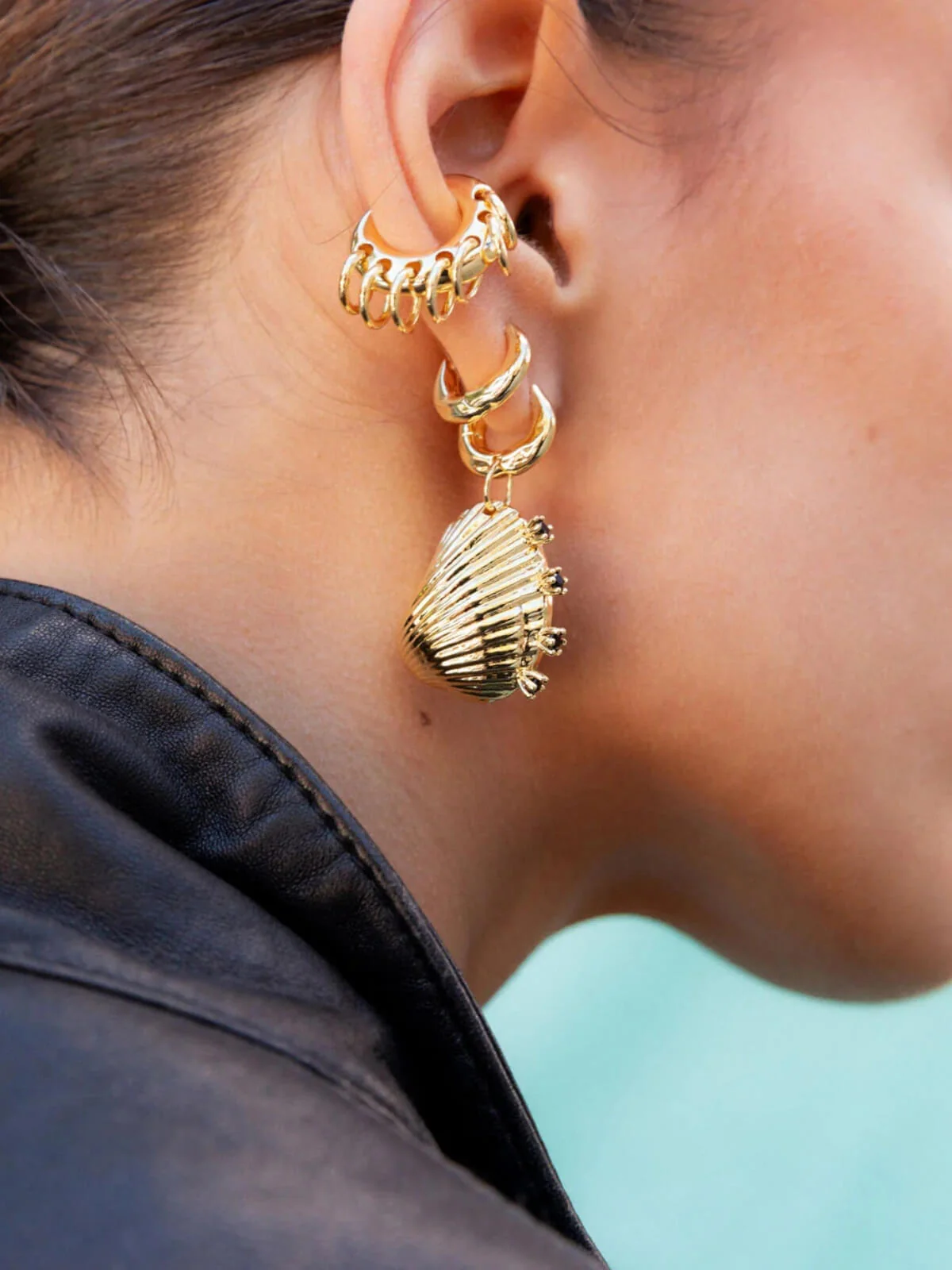Salty Spiked Shell Earrings: Brass + 18K Gold Plating + Onyx - Image 4